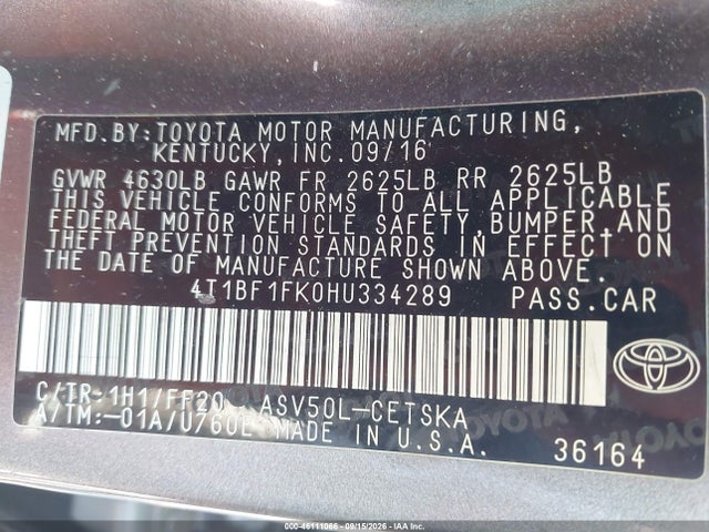 46111066 :رقم المزاد ، 4T1BF1FK0HU334289 vin ، 2017 Toyota Camry Se مزاد بيع