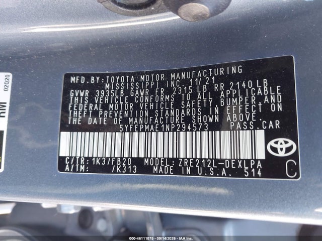 Продаж на аукціоні авто 2022 Toyota Corolla Le, vin: 5YFEPMAE1NP294573, номер лоту: 46111075