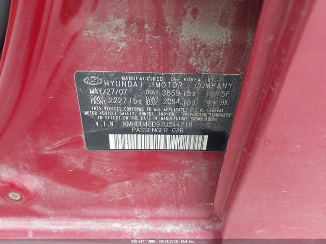 Продаж на аукціоні авто 2007 Hyundai Elantra Gls/ltd/se, vin: KMHDU46D97U244218, номер лоту: 46111080