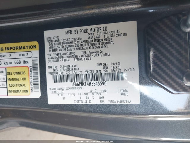 46111103 :رقم المزاد ، 1FA6P8CF4H5345590 vin ، 2017 Ford Mustang Gt مزاد بيع
