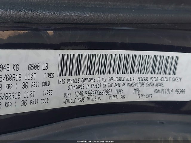 Продаж на аукціоні авто 2019 Jeep Grand Cherokee Limited 4x4, vin: 1C4RJFBG4KC667821, номер лоту: 46111104