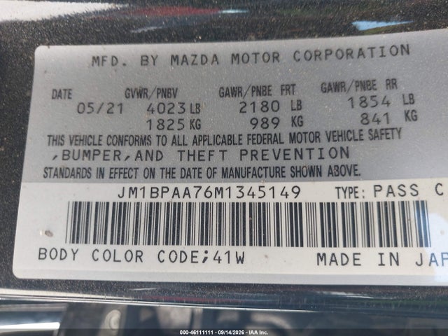Продажа на аукционе авто 2021 Mazda Mazda3 2.0, vin: JM1BPAA76M1345149, номер лота: 46111111