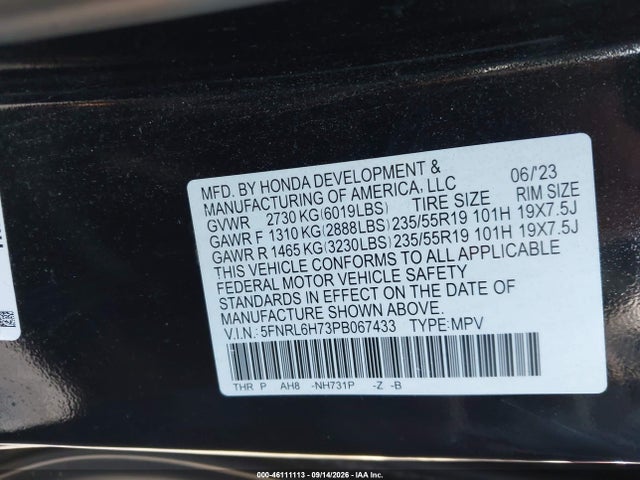 Продажа на аукционе авто 2023 Honda Odyssey Sport, vin: 5FNRL6H73PB067433, номер лота: 46111113