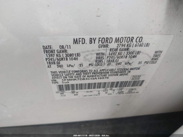 46111119 :رقم المزاد ، 1FMHK7D83CGA16576 vin ، 2012 Ford Explorer Xlt مزاد بيع