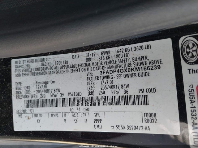 Продаж на аукціоні авто 2019 Ford Fiesta St, vin: 3FADP4GX0KM166239, номер лоту: 46111121