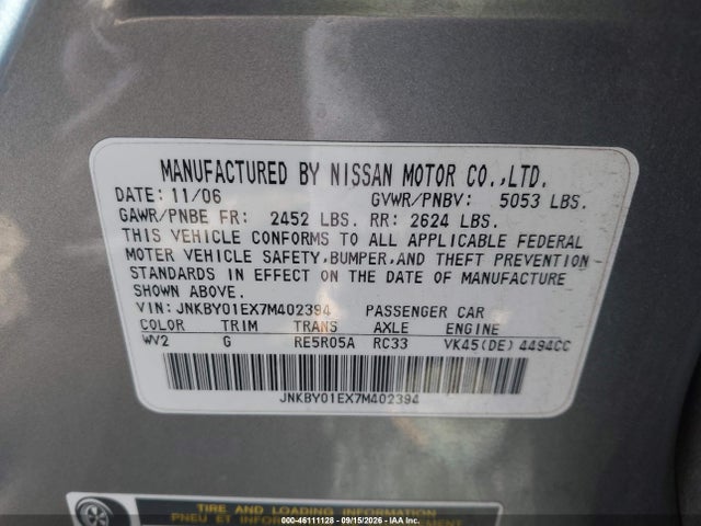 Продаж на аукціоні авто 2007 Infiniti M45 Sport, vin: JNKBY01EX7M402394, номер лоту: 46111128