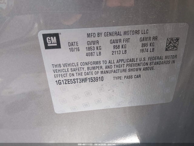 2017 Chevrolet Malibu 1lt მანქანა იყიდება აუქციონზე, vin: 1G1ZE5ST3HF153910, აუქციონის ნომერი: 46111133