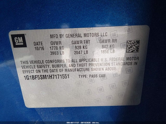 Продажа на аукционе авто 2017 Chevrolet Cruze Premier Auto, vin: 1G1BF5SM1H7171551, номер лота: 46111137