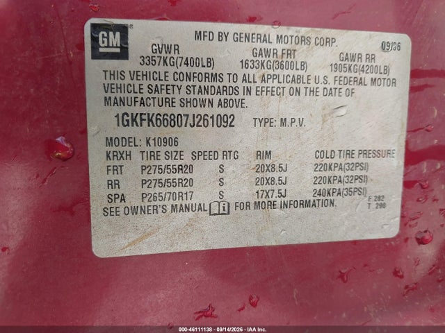 Продаж на аукціоні авто 2007 Gmc Yukon Xl 1500 Denali, vin: 1GKFK66807J261092, номер лоту: 46111138