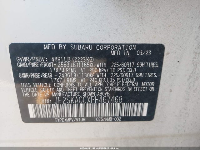 2023 Subaru Forester მანქანა იყიდება აუქციონზე, vin: JF2SKACCXPH467468, აუქციონის ნომერი: 46111147