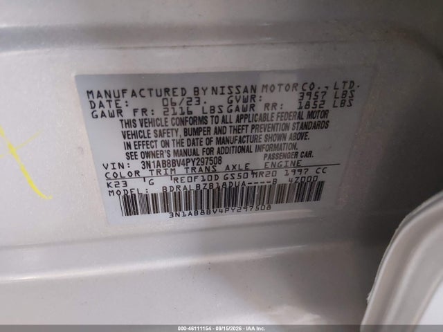 Продаж на аукціоні авто 2023 Nissan Sentra S Xtronic Cvt, vin: 3N1AB8BV4PY297508, номер лоту: 46111154