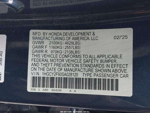 1HGCY2F60SA028120 Honda Accord Hybrid Ex-l