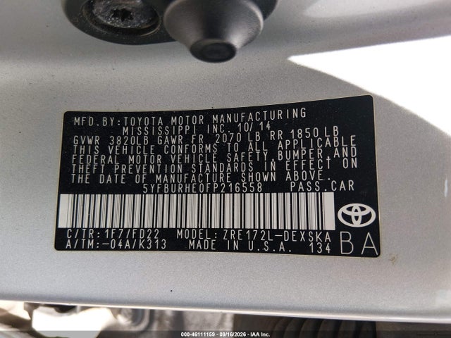 Продажа на аукционе авто 2015 Toyota Corolla S Plus, vin: 5YFBURHE0FP216558, номер лота: 46111159