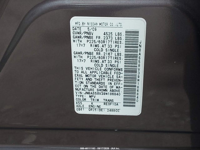 Продажа на аукционе авто 2009 Nissan Rogue Sl, vin: JN8AS58V39W186840, номер лота: 46111163