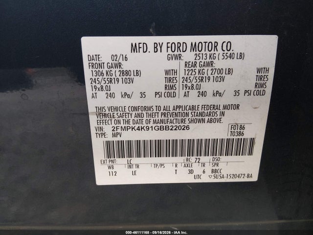 Продажа на аукционе авто 2016 Ford Edge Titanium, vin: 2FMPK4K91GBB22026, номер лота: 46111168