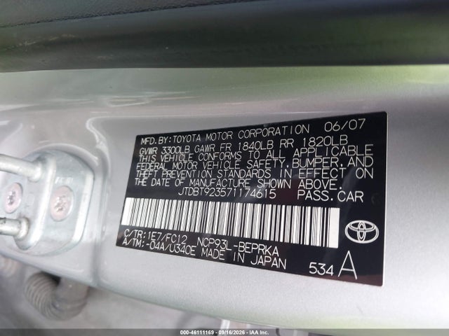 2007 Toyota Yaris მანქანა იყიდება აუქციონზე, vin: JTDBT923571174615, აუქციონის ნომერი: 46111169