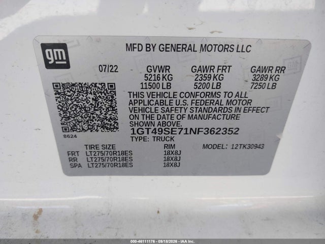 Aukcja sprzedaży 2022 Gmc Sierra 3500hd 4wd  Long Bed Pro, vin: 1GT49SE71NF362352, numer aukcji: 46111176