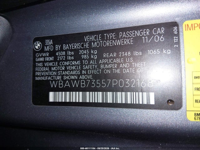 2007 Bmw 335i მანქანა იყიდება აუქციონზე, vin: WBAWB73557P032168, აუქციონის ნომერი: 46111184