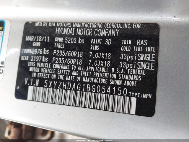 Продажа на аукционе авто 2011 Hyundai Santa Fe Se, vin: 5XYZHDAG1BG054150, номер лота: 46111191