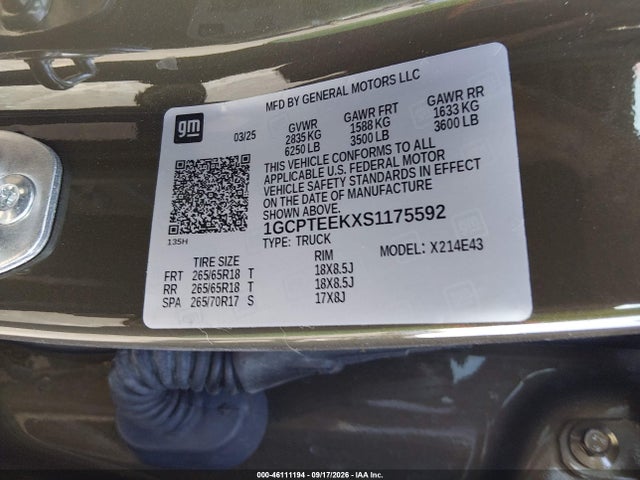 46111194 :رقم المزاد ، 1GCPTEEKXS1175592 vin ، 2025 Chevrolet Colorado 4wd Trail Boss مزاد بيع