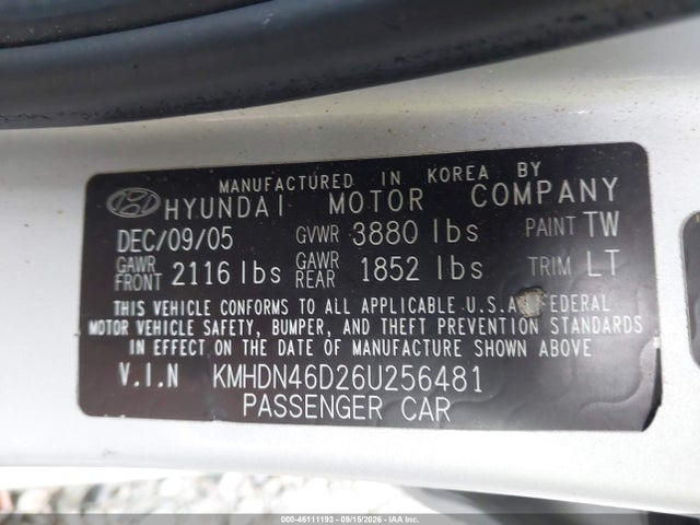 Продаж на аукціоні авто 2006 Hyundai Elantra Gls/limited, vin: KMHDN46D26U256481, номер лоту: 46111193