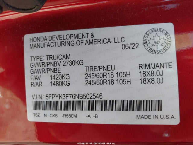 Honda Ridgeline Rtl-e 2022 5FPYK3F76NB502546 Image 9