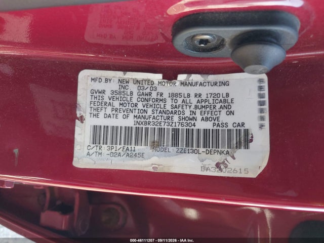 Aukcja sprzedaży 2003 Toyota Corolla Le, vin: 1NXBR32E73Z176304, numer aukcji: 46111207