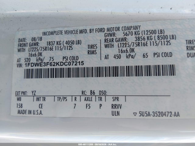 Продаж на аукціоні авто 2019 Ford E-350 Cutaway, vin: 1FDWE3F62KDC07215, номер лоту: 46111209