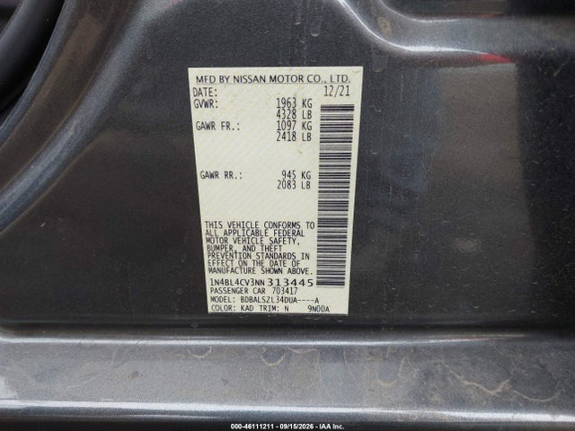 1N4BL4CV3NN313445 Nissan Altima Sr Fwd