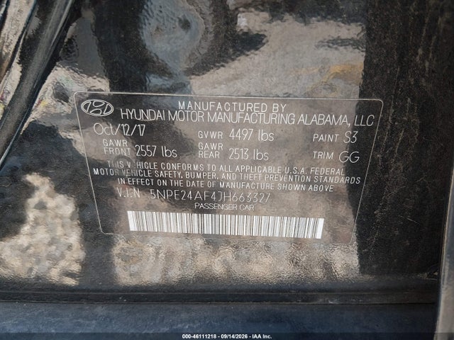 2018 Hyundai Sonata Se მანქანა იყიდება აუქციონზე, vin: 5NPE24AF4JH663327, აუქციონის ნომერი: 46111218