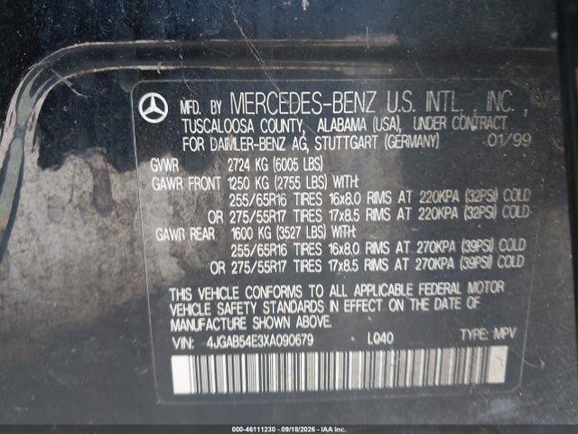 Aukcja sprzedaży 1999 Mercedes-benz Ml 320, vin: 4JGAB54E3XA090679, numer aukcji: 46111230