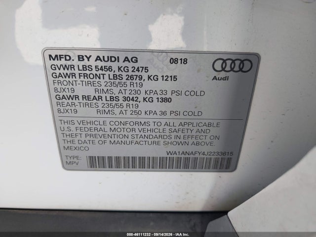 2018 Audi Q5 2.0t Premium/2.0t Tech Premium მანქანა იყიდება აუქციონზე, vin: WA1ANAFY4J2233615, აუქციონის ნომერი: 46111232