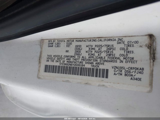 Продажа на аукционе авто 2000 Toyota Tacoma Prerunner V6, vin: 5TESN92N6YZ699184, номер лота: 46111237