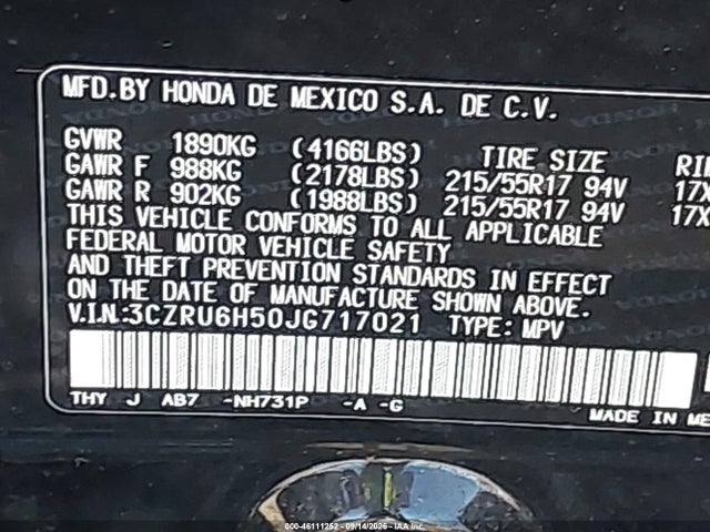 2018 Honda Hr-v Ex მანქანა იყიდება აუქციონზე, vin: 3CZRU6H50JG717021, აუქციონის ნომერი: 46111252