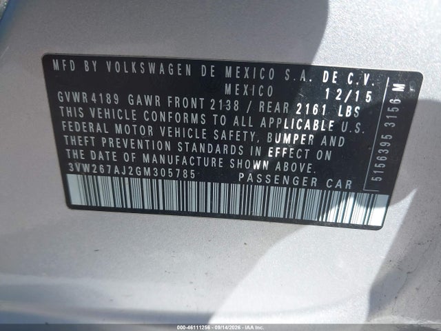 Aukcja sprzedaży 2016 Volkswagen Jetta 1.4t S, vin: 3VW267AJ2GM305785, numer aukcji: 46111256