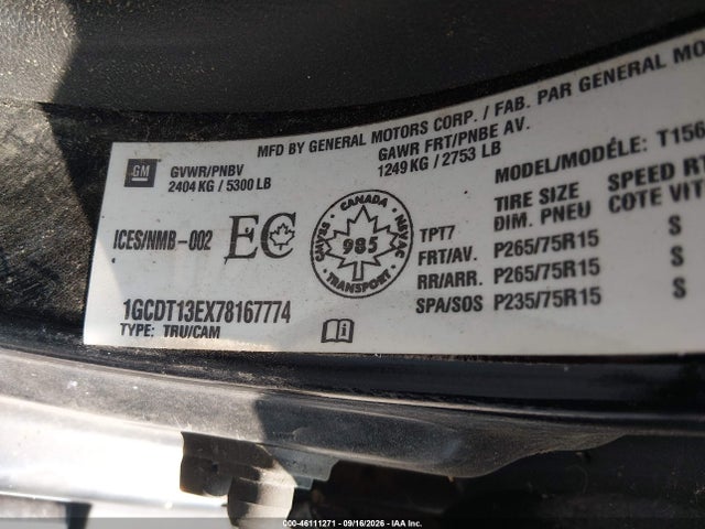 46111271 :رقم المزاد ، 1GCDT13EX78167774 vin ، 2007 Chevrolet Colorado Lt مزاد بيع