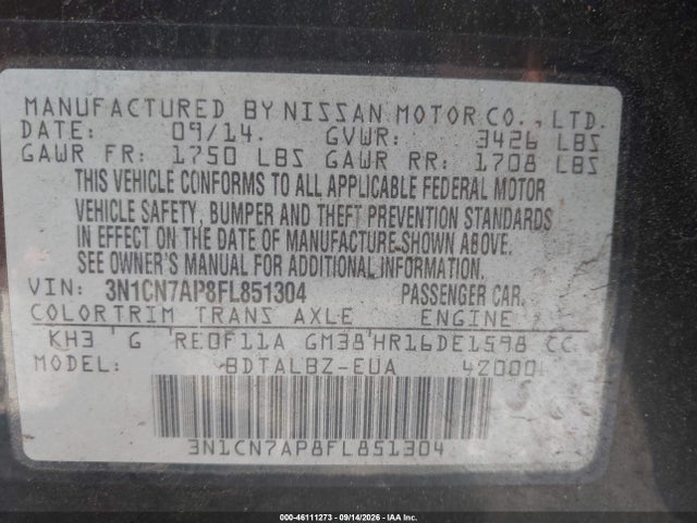 Nissan Versa 1.6 Sv 2015 3N1CN7AP8FL851304 Image 9