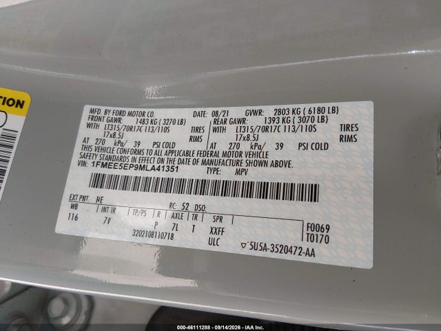 2021 Ford Bronco First Edition მანქანა იყიდება აუქციონზე, vin: 1FMEE5EP9MLA41351, აუქციონის ნომერი: 46111288