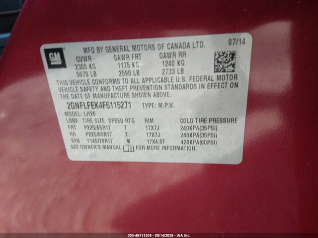 Продажа на аукционе авто 2015 Chevrolet Equinox 1lt, vin: 2GNFLFEK4F6115271, номер лота: 46111309