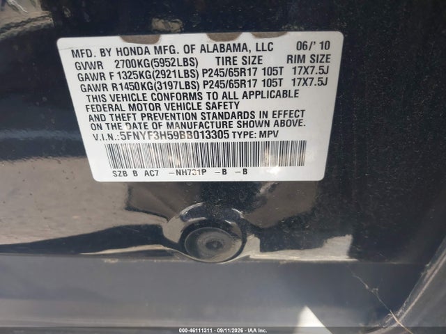 2011 Honda Pilot Ex-l მანქანა იყიდება აუქციონზე, vin: 5FNYF3H59BB013305, აუქციონის ნომერი: 46111311