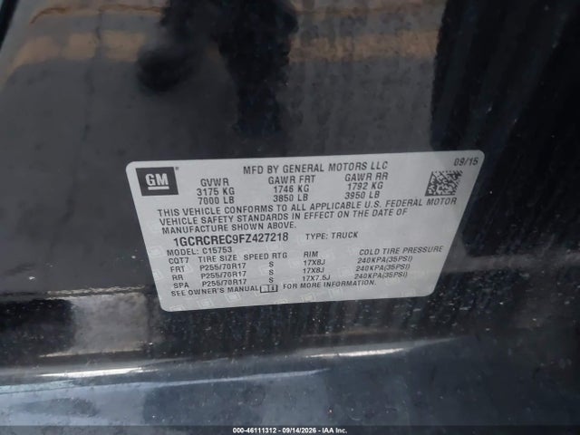 1GCRCREC9FZ427218 Chevrolet Silverado 1500 1lt