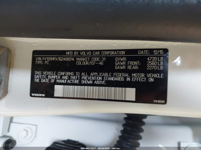 46111317 :رقم المزاد ، YV126MFK1G2406014 vin ، 2016 Volvo S60 T5 Drive-e Premier مزاد بيع