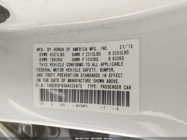 Aukcja sprzedaży 2017 Honda Accord Ex-l, vin: 1HGCR2F85HA005875, numer aukcji: 46111321