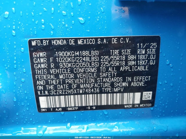 Продажа на аукционе авто 2026 Honda Hr-v Awd Sport, vin: 3CZRZ2H5XTM748436, номер лота: 46111324