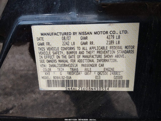 Продаж на аукціоні авто 2008 Nissan Altima 2.5 S, vin: 1N4AL21E08N410514, номер лоту: 46111339