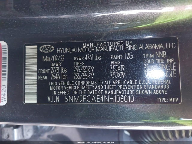 46111342 :رقم المزاد ، 5NMJFCAE4NH103010 vin ، 2022 Hyundai Tucson Sel مزاد بيع