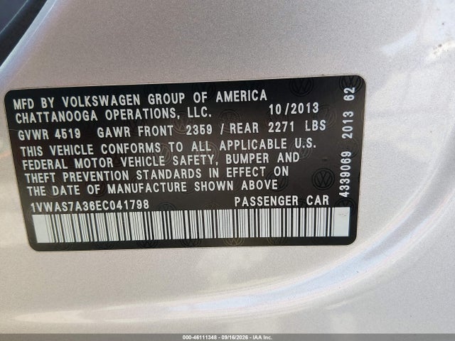 2014 Volkswagen Passat 1.8t Wolfsburg Edition მანქანა იყიდება აუქციონზე, vin: 1VWAS7A36EC041798, აუქციონის ნომერი: 46111348