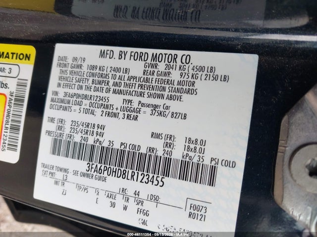 Aukcja sprzedaży 2020 Ford Fusion Se, vin: 3FA6P0HD8LR123455, numer aukcji: 46111354