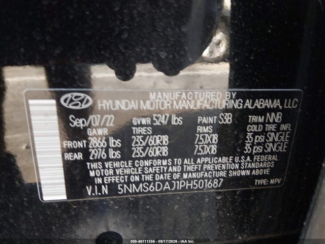 2023 Hyundai Santa Fe Xrt მანქანა იყიდება აუქციონზე, vin: 5NMS6DAJ1PH501687, აუქციონის ნომერი: 46111356