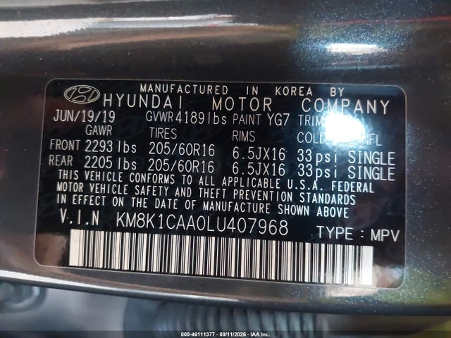 Продаж на аукціоні авто 2020 Hyundai Kona Se, vin: KM8K1CAA0LU407968, номер лоту: 46111377